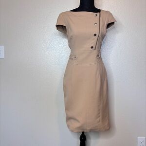 Karen Millen Beige Cap-Sleeve Sheath Dress with Asymmetric Button Detail